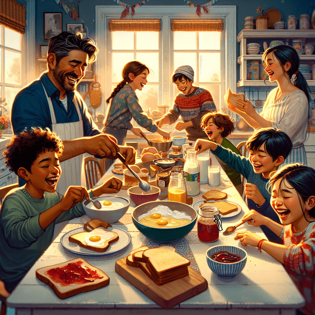 Children and a parent happily preparing breakfast together in a bright, cozy kitchen, symbolizing confidence and family bonding.