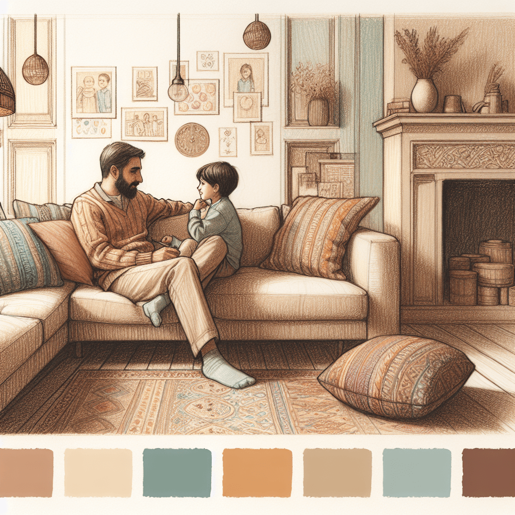 A cozy living room where a parent and child are having a meaningful conversation, symbolizing emotional connection.