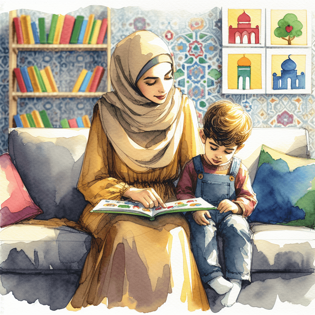 A warm, inviting illustration showing a parent and child reading together on a cozy sofa - hero image for the repetition blog post