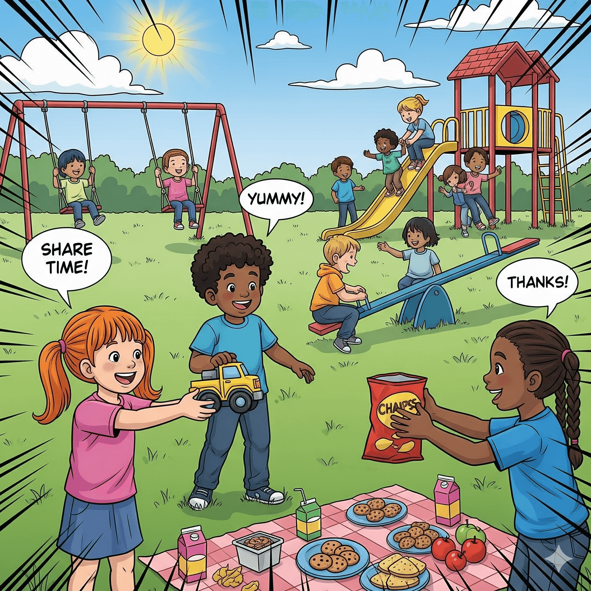 A colorful comic book style illustration of children happily sharing toys and snacks in a playground.