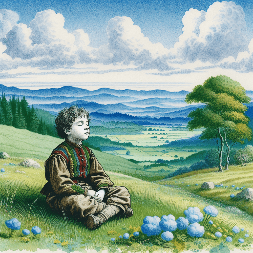 A child practicing mindfulness outdoors, surrounded by nature, embodying calmness and serenity.