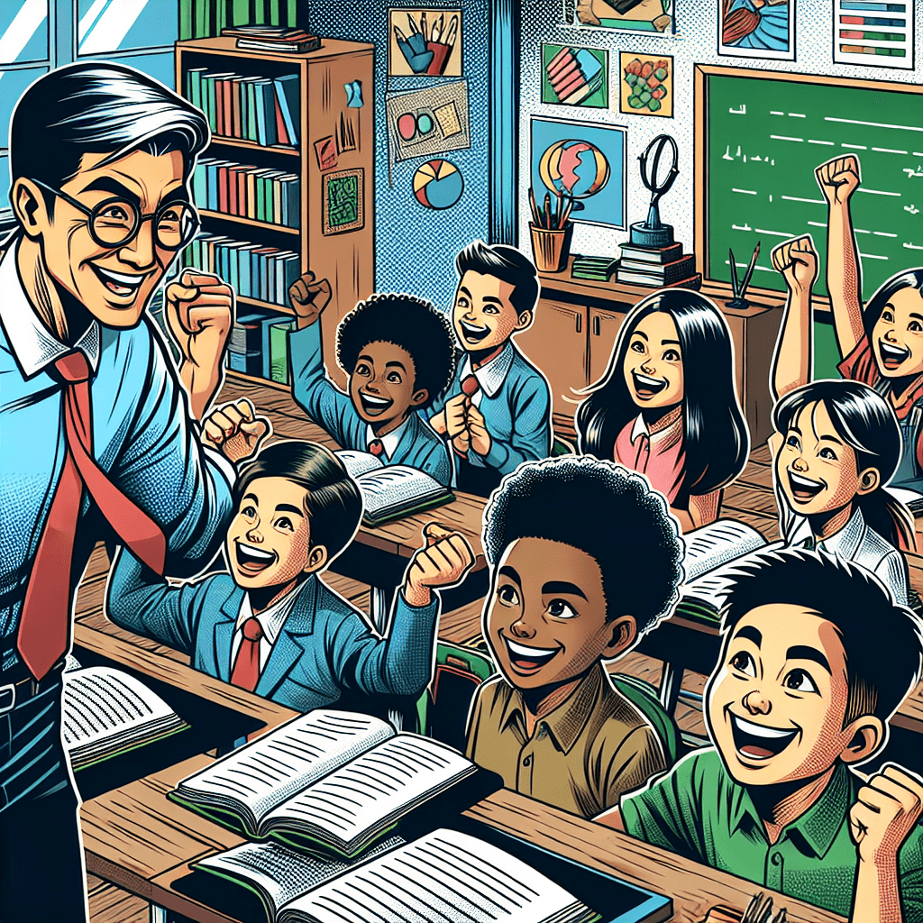 A colorful comic book style illustration of a teacher praising diverse students in a classroom, showcasing the positivity of reinforcement.