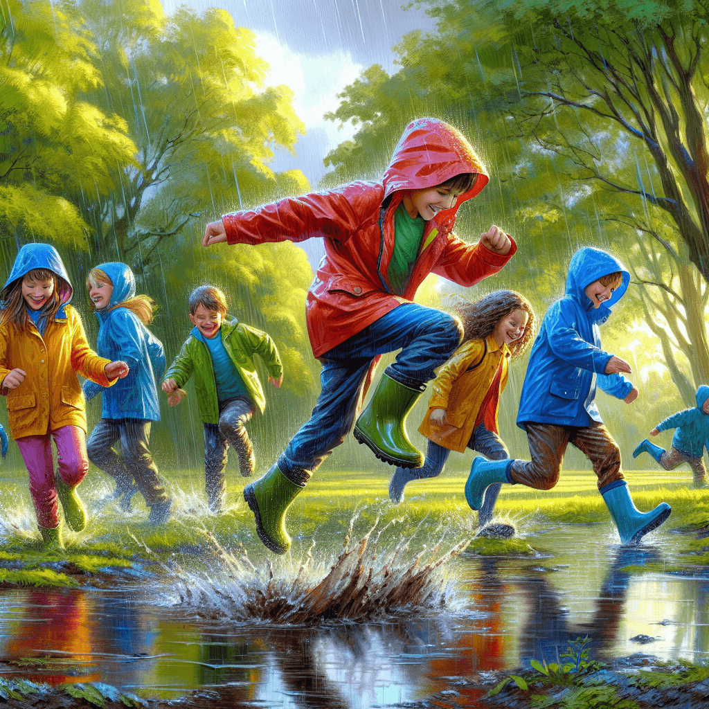 Children happily playing in the rain, splashing in puddles with colorful waterproof gear, surrounded by lush trees and a rainy sky